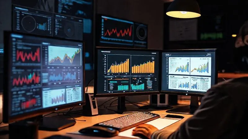 A photorealistic image of a data analyst's desk, with multiple screens displaying various charts, graphs, and A/B test results. One screen shows a clear comparison of two website variations. The atmosphere is focused and analytical, with soft, cinematic lighting. Sharp focus on the screens and data, with a subtle depth of field. 8K hyper-detailed, professional photography, shot on a high-end DSLR.