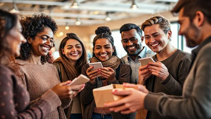 A photorealistic image depicting a diverse group of happy customers interacting positively with a brand. They are sharing experiences on social media, receiving personalized packages, and smiling. The scene evokes a sense of community and loyalty, with warm, cinematic lighting. Sharp focus on the people and their interactions, with a gentle depth of field. 8K hyper-detailed, professional photography, shot on a high-end DSLR.