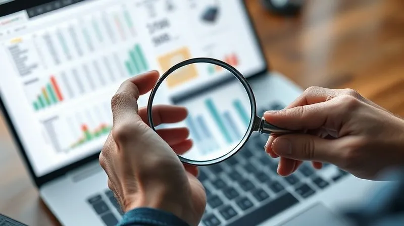 A photorealistic image of a freelancer's hand holding a magnifying glass over a complex financial spreadsheet on a laptop, with blurred e-commerce product images in the background. Cinematic lighting, sharp focus, 8K, professional photography.