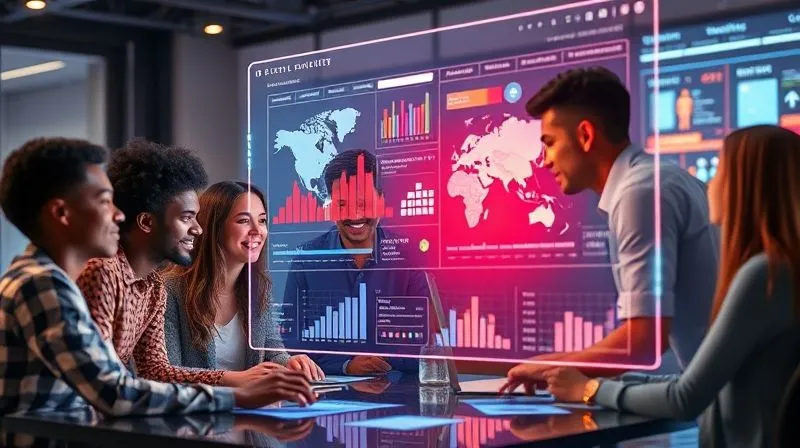 A photorealistic, professional photography image of a diverse group of e-commerce freelancers collaborating around a large, futuristic holographic display showing market trends and competitor analysis data. Cinematic lighting, vibrant colors, 8K, sharp focus.