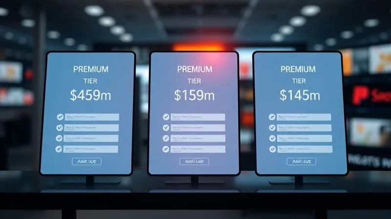 A photorealistic image of three distinct pricing tiers presented on elegant, glowing digital screens, with a spotlight on the 'premium' tier. Blurred e-commerce product mockups in the background. Cinematic lighting, 8K, sharp focus, professional photography.
