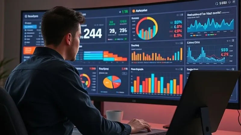 A photorealistic, professional photography image of a freelancer analyzing a complex dashboard on a large monitor, displaying various e-commerce KPIs like conversion rates, project profitability, and client feedback. Cinematic lighting, sharp focus on the data, 8K.