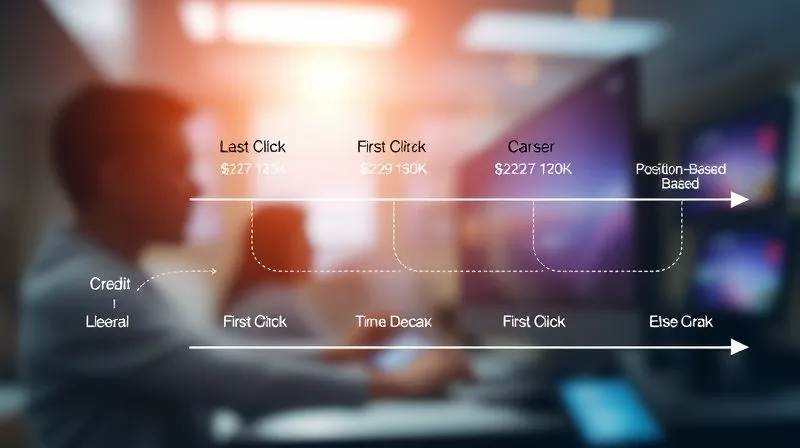 A photorealistic infographic showing different attribution models (Last Click, First Click, Linear, Time Decay, Position-Based) with arrows illustrating how credit is assigned across a customer journey. Professional photography, 8K, cinematic lighting, sharp focus, depth of field.