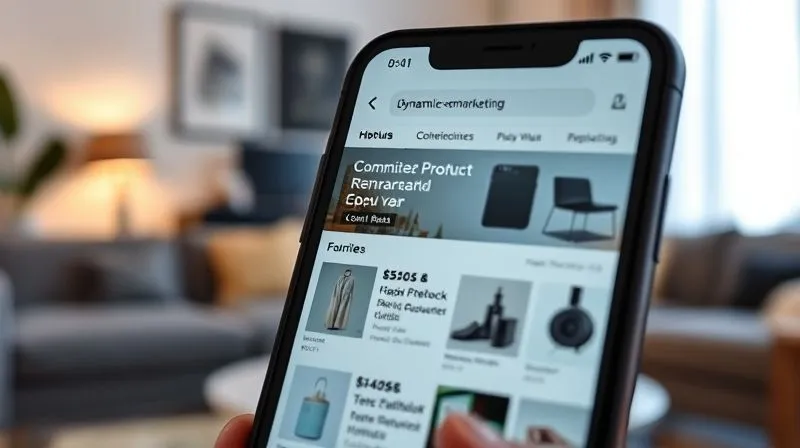 A photorealistic close-up of a smartphone screen displaying a dynamic e-commerce remarketing ad, showing personalized product recommendations for a user. The background is a slightly blurred, modern living room. Cinematic lighting, sharp focus on the phone screen, 8K hyper-detailed, professional photography.