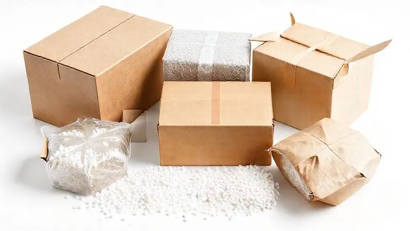 A photorealistic image of various eco-friendly and optimized e-commerce packaging materials, including custom-sized cardboard boxes, lightweight bubble wrap, and biodegradable packing peanuts. The items are neatly arranged on a clean white surface with sharp focus and cinematic lighting, highlighting the efficiency and sustainability aspects. 8K hyper-detailed, shot on a high-end DSLR.