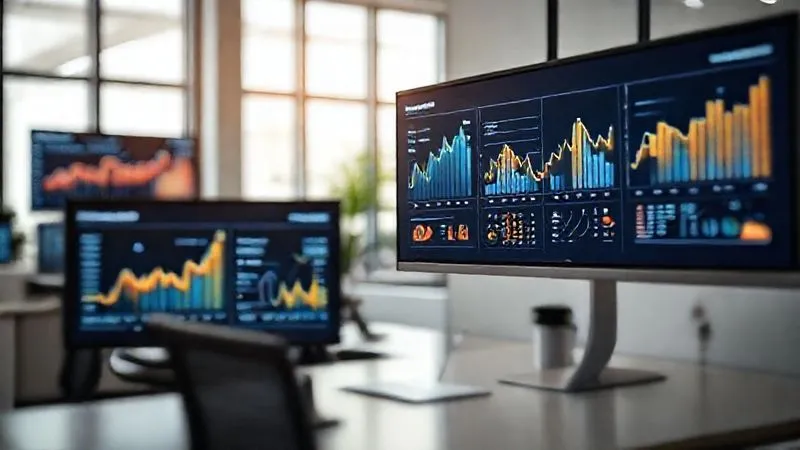 A photorealistic image of dynamic data visualization charts and graphs displayed on multiple screens in a modern, minimalist office setting. The charts show trends in shipping costs, delivery times, and customer satisfaction, with sharp focus on the data. Cinematic lighting highlights the insights, depth of field blurs the background. 8K hyper-detailed, shot on a high-end DSLR.