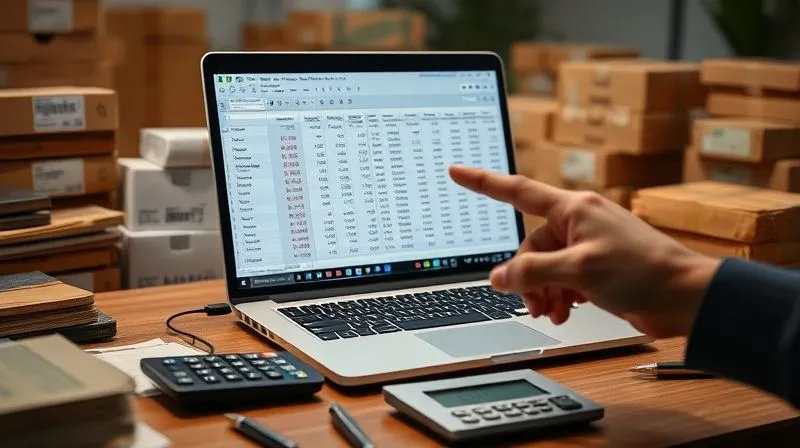 Photorealistic, professional photography, 8K, cinematic lighting, sharp focus, depth of field, shot on a high-end DSLR. A meticulously organized desk with a laptop displaying a complex spreadsheet of shipping costs, surrounded by neatly stacked packages, a calculator, and a focused, determined hand pointing at a data point. The lighting highlights the screen and the hand, creating a sense of strategic analysis and control.