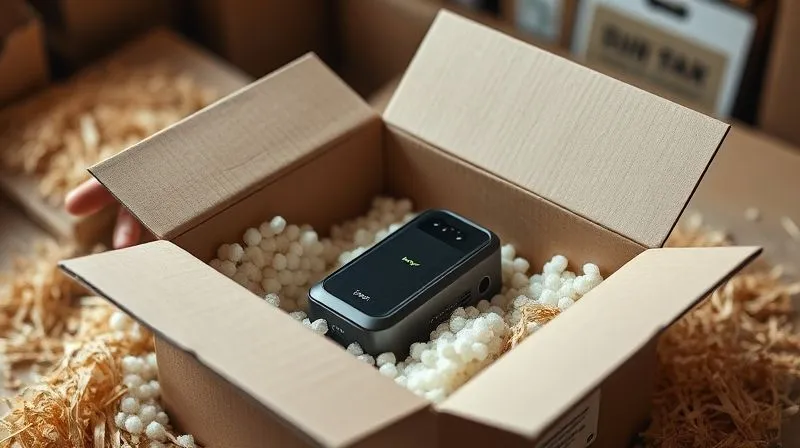 Photorealistic, professional photography, 8K, cinematic lighting, sharp focus, depth of field, shot on a high-end DSLR. A hand precisely fitting a product into a perfectly sized, minimalist cardboard box, surrounded by various eco-friendly packing materials like shredded paper and biodegradable peanuts. The focus is on efficiency and sustainability, with soft, natural light illuminating the scene.