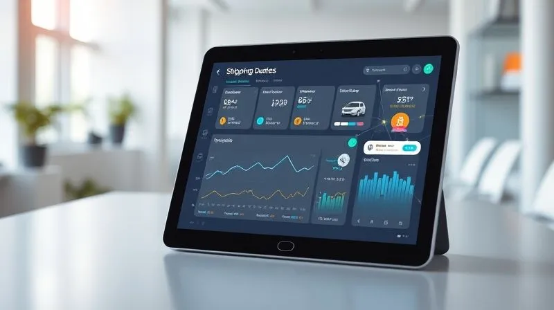 Photorealistic, professional photography, 8K, cinematic lighting, sharp focus, depth of field, shot on a high-end DSLR. A modern, minimalist tablet displaying a logistics dashboard with real-time shipping quotes and tracking information. A stylized, glowing network of lines connects various shipping icons, symbolizing efficient data flow and optimization. The background is a clean, bright office space, suggesting innovation and clarity.