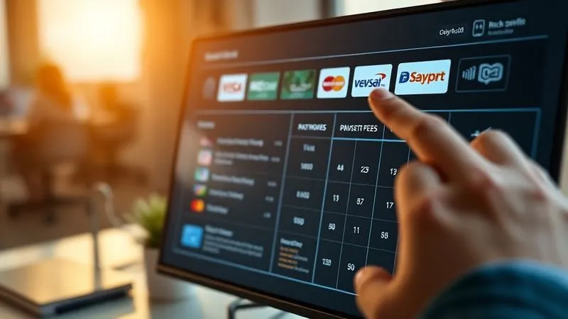 A photorealistic image of a digital dashboard displaying various payment gateway logos and a detailed comparison chart of their fees, with a hand pointing to the most cost-effective option. The scene is set in a modern home office with cinematic lighting, sharp focus on the screen and hand, depth of field blurring the background. Professional photography, 8K, shot on a high-end DSLR. The image should convey informed decision-making and financial clarity.