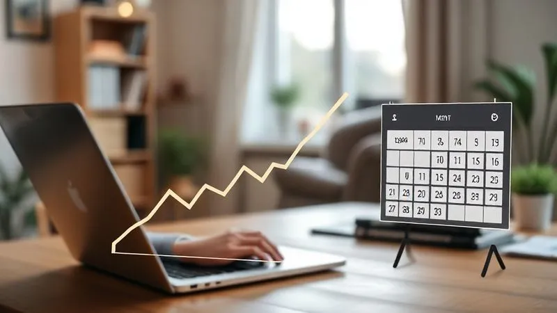A photorealistic image showing a clear financial graph with a downward trend line representing decreasing payment fees, alongside a calendar highlighting successful recurring payments. The background features a freelancer working on a laptop in a well-lit, organized home office. Cinematic lighting, sharp focus on the graph and calendar, depth of field blurring the background. Professional photography, 8K, shot on a high-end DSLR. The image should evoke a sense of financial control and steady income.