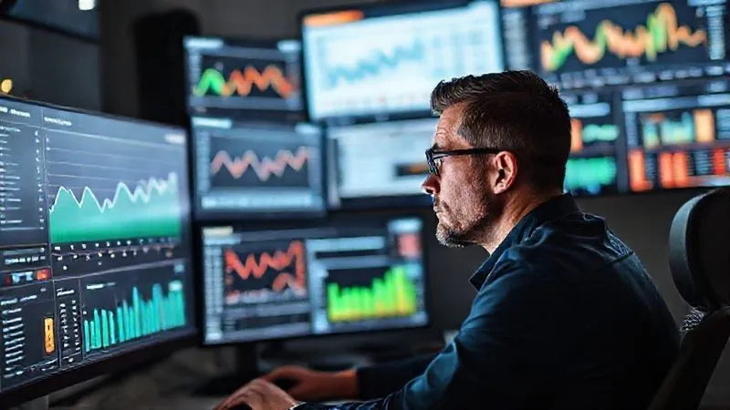A photorealistic image of a freelancer looking intently at a multi-screen setup displaying various financial dashboards, charts, and real-time payment data analytics. One screen shows a detailed breakdown of payment fees over time, trending downwards. Cinematic lighting, sharp focus on the screens and the freelancer's focused expression, depth of field blurring the background. Professional photography, 8K, shot on a high-end DSLR. The image should convey deep analysis and strategic financial oversight.