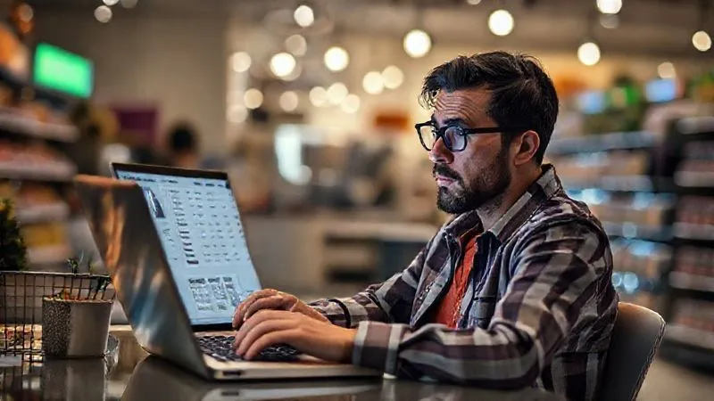 A photorealistic image of a confused shopper looking at a complex checkout page on a laptop, with subtle elements of distraction in the background, cinematic lighting, 8K hyper-detailed, professional photography.