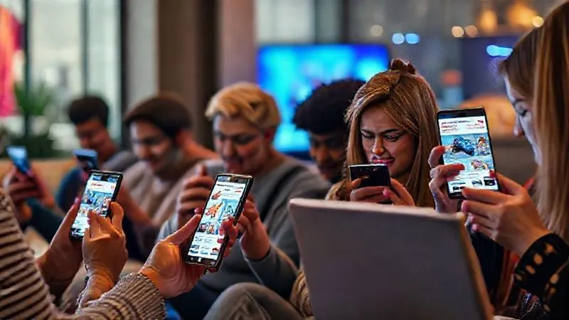 A photorealistic image of a diverse group of people on their smartphones and laptops, each seeing a different e-commerce ad tailored to their recent browsing, vibrant and connected, cinematic lighting, 8K hyper-detailed, professional photography.