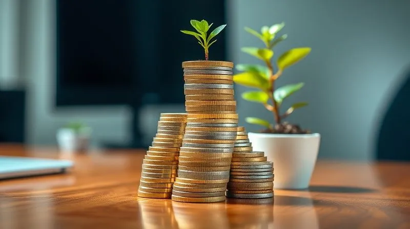 A photorealistic image of a stack of neatly organized coins and bills forming a stable pyramid on a polished wooden desk, with a small, thriving plant in the background, symbolizing financial growth and security. Professional photography, 8K, cinematic lighting, sharp focus, depth of field.