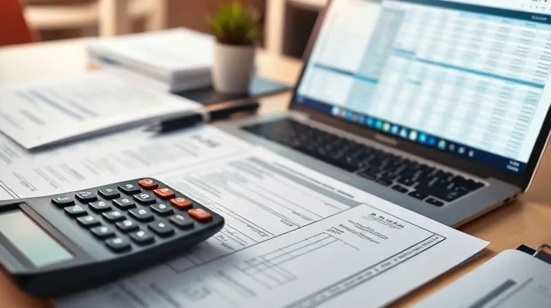 A photorealistic image of a professional accountant's desk, with a calculator, tax forms, and a laptop displaying financial spreadsheets, all meticulously organized. The scene conveys diligence and strategic planning. Professional photography, 8K, cinematic lighting, sharp focus on the documents, depth of field.
