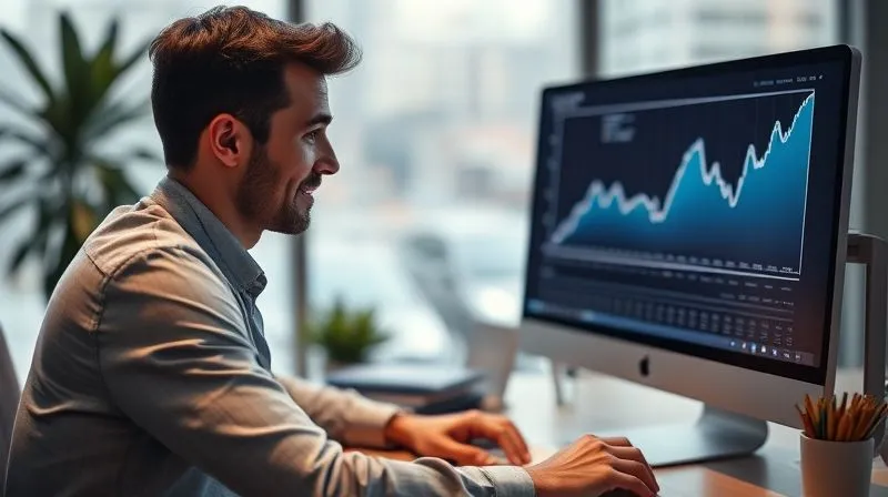 A photorealistic image of a person at a desk, looking confidently at a computer screen displaying a positive financial graph, with a subtle smile. The atmosphere is one of calm control and optimism, representing resilience and strategic thinking. Professional photography, 8K, cinematic lighting, sharp focus, depth of field.