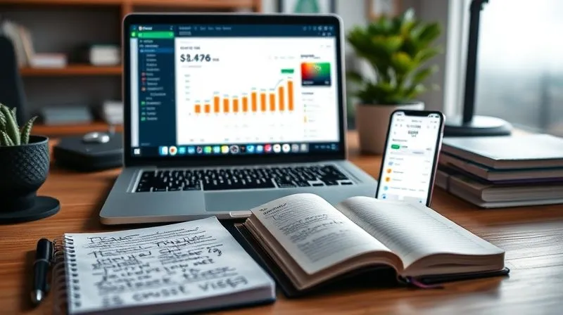 A photorealistic image of a freelancer's desk with a laptop displaying a financial dashboard showing income and expenses, a notebook with handwritten budget notes, and a smartphone open to a budgeting app. Cinematic lighting, sharp focus on the screens and notes, depth of field blurring the background, 8K, professional photography, shot on a high-end DSLR.