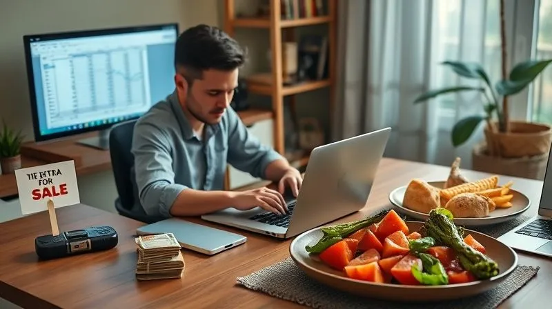 A photorealistic image of a freelancer working diligently on a laptop at a home office desk, with a second screen showing a financial spreadsheet. On the left, a small stack of extra cash is visible next to a 'for sale' sign on a used gadget. On the right, a healthy homemade meal is on the table, symbolizing cost-cutting. Cinematic lighting, sharp focus on the freelancer and financial elements, depth of field blurring the background, 8K, professional photography, shot on a high-end DSLR.
