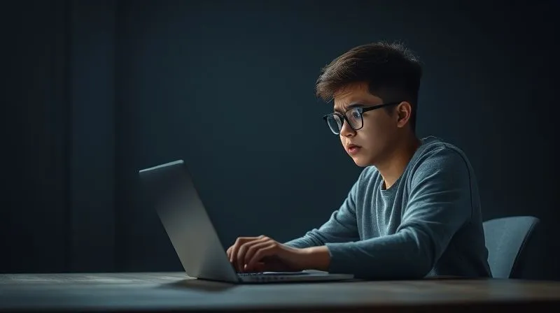 A photorealistic image of a lone student looking frustrated at a laptop screen, surrounded by a dark and empty virtual space, symbolizing isolation and lack of engagement in online learning. Cinematic lighting, sharp focus on the student's face, depth of field, 8K hyper-detailed, professional photography, shot on a high-end DSLR.