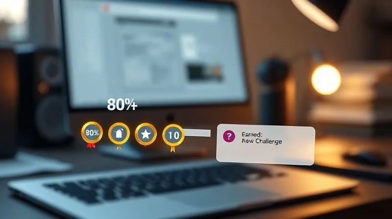 A photorealistic image of a digital user interface for an online course, featuring a prominent progress bar at 80% completion, several shiny badges earned, and a notification about a new challenge. The interface is clean, modern, and visually appealing, with subtle glow effects. Cinematic lighting, sharp focus on the UI elements, depth of field blurring a desk background, 8K hyper-detailed, professional photography, shot on a high-end DSLR.