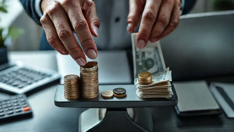 A photorealistic image of hands meticulously arranging different sized coins and currency notes on a scale, with one side clearly heavier, symbolizing strategic financial planning and value-based pricing. The background is a blurred office setting with a calculator and a laptop. Professional photography, 8K, cinematic lighting, sharp focus on the hands and money, depth of field, shot on a high-end DSLR.