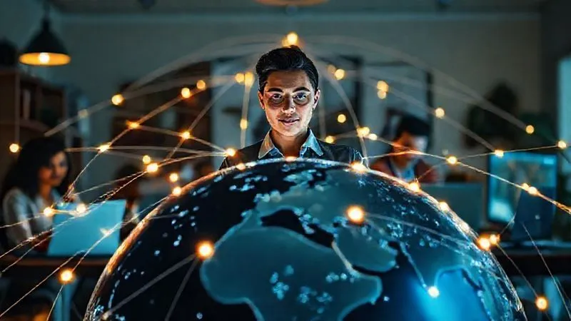 A photorealistic image of a diverse group of professionals collaborating remotely, each in their home office, connected by glowing lines forming a network over a globe. The central figure is a freelancer looking confident and empowered, overseeing the collaboration. Cinematic lighting, professional photography, 8K, sharp focus on the central figure and the network, depth of field, shot on a high-end DSLR.