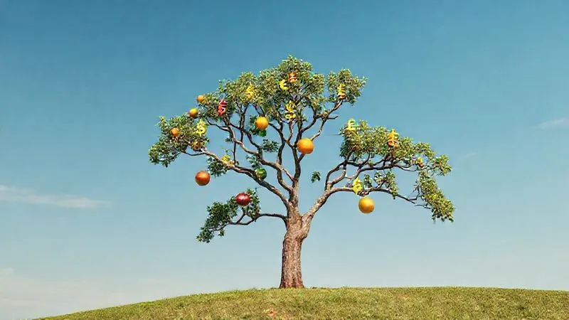 A photorealistic image showing a single tree with multiple distinct branches, each bearing different types of fruit or currency symbols, representing diverse income streams. The tree is firmly rooted in fertile ground under a clear sky. Professional photography, 8K, cinematic lighting, sharp focus on the tree and its branches, depth of field, shot on a high-end DSLR.