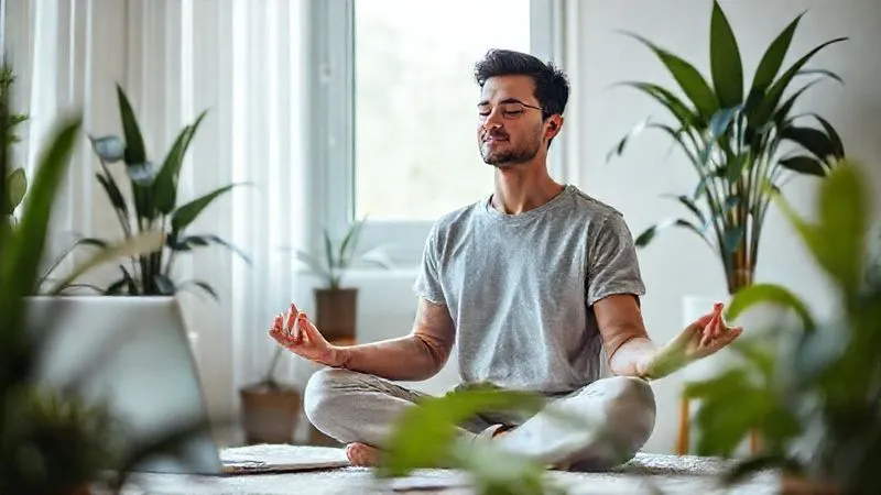 A photorealistic image of a person meditating calmly in a serene, modern home office, surrounded by subtle plants and natural light. A laptop is closed nearby, symbolizing work-life balance and mental well-being. Professional photography, 8K, cinematic lighting, sharp focus on the person, depth of field blurring the background, shot on a high-end DSLR.