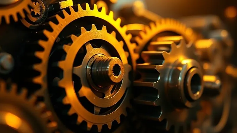 A photorealistic image of a complex gear system smoothly working, cogs turning efficiently, golden light highlighting the intricate mechanisms, cinematic lighting, sharp focus on the gears, depth of field blurring the background, 8K hyper-detailed, professional photography.