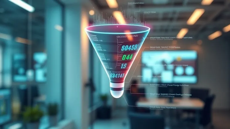A photorealistic image of a clear, glowing sales funnel diagram on a digital interface, with data flowing seamlessly from top to bottom, representing conversion. The background is a futuristic office setting, cinematic lighting, sharp focus on the funnel, depth of field blurring the background, 8K hyper-detailed, professional photography.