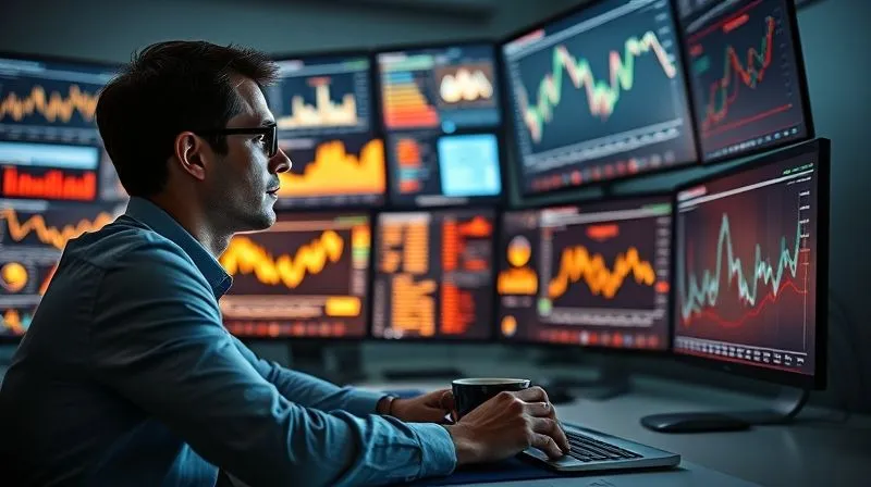 A photorealistic image of a person analyzing intricate data on multiple screens, surrounded by glowing charts and graphs, focused expression, with a cup of coffee on a modern desk. The setting is a minimalist, high-tech office, cinematic lighting, sharp focus on the person and screens, depth of field blurring the background, 8K hyper-detailed, professional photography.