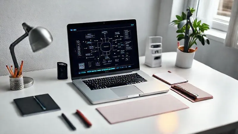 A photorealistic, professional photography, 8K, cinematic lighting, sharp focus, depth of field, shot on a high-end DSLR of a clean, minimalist desk setup with a laptop displaying a complex workflow diagram, surrounded by a few well-organized stationery items, symbolizing efficiency and systematic work. The overall mood is calm and productive.