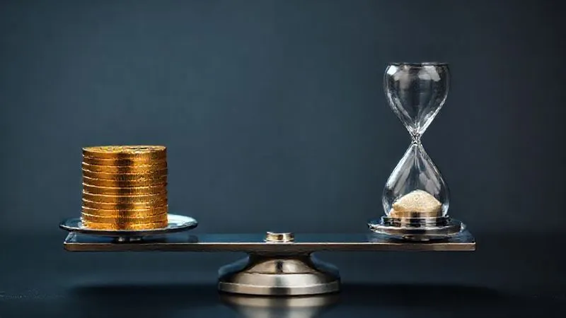 A photorealistic image of a sophisticated digital scale with two sides. On one side, a stack of gold coins representing 'Value-Based Pricing'. On the other, a small, intricate hourglass representing 'Hourly Rate'. The 'Value-Based Pricing' side is significantly heavier, illustrating its greater weight and benefit. Cinematic lighting, sharp focus, 8K, depth of field, shot on high-end DSLR.