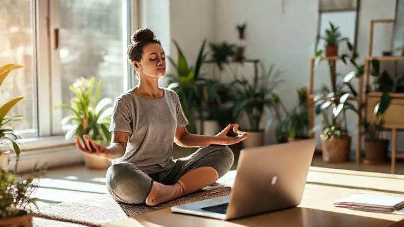 A photorealistic, professional photography, 8K, cinematic lighting, sharp focus, depth of field, shot on a high-end DSLR of a serene freelancer meditating in a sunlit home office, surrounded by plants and a clear, uncluttered workspace. A laptop is closed nearby, symbolizing work-life balance and a peaceful mind amidst productivity. The atmosphere is calm and restorative.