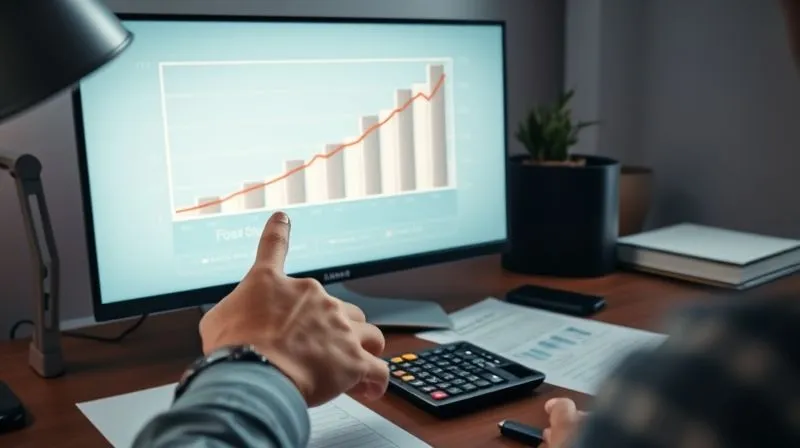 A photorealistic image of a meticulously organized desk with a freelancer's hand pointing at a detailed financial projection chart on a monitor, showing clear growth trajectories. On the desk, there's a client brief and a calculator, all under cinematic lighting. Sharp focus on the chart, depth of field blurring the background, 8K hyper-detailed, shot on a high-end DSLR.