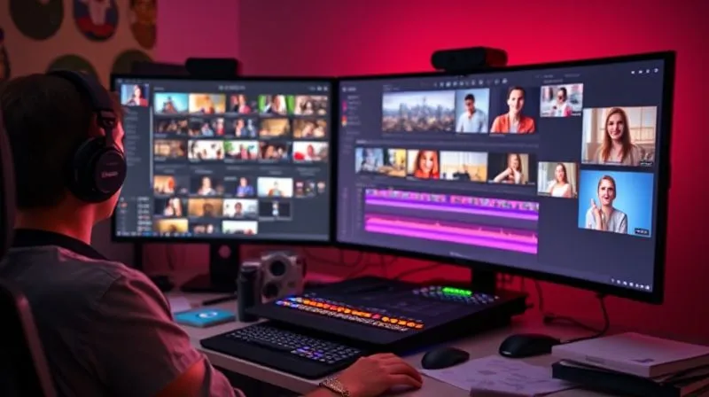 A photorealistic image of a video editor's workstation, with multiple video clips and timelines open on a large screen, focused on creating engaging YouTube Ads. Creative elements like storyboards and mood boards are scattered around. Cinematic lighting, sharp focus on the screen, depth of field blurring the background, 8K hyper-detailed, shot on a high-end DSLR.