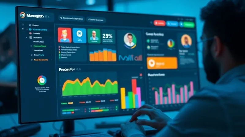 A photorealistic image of a sleek, modern dashboard for project management, displaying various colorful cards, progress bars, and team avatars. The interface is clean and intuitive, with key metrics highlighted. Cinematic lighting, sharp focus on the dashboard, depth of field blurring a subtle background of a focused person working. professional photography, 8K, shot on a high-end DSLR.