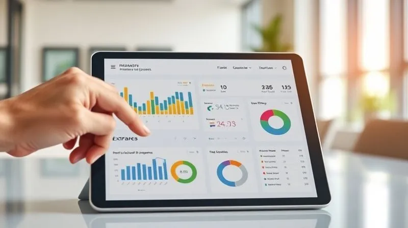 A photorealistic image of a digital financial dashboard on a tablet screen, displaying graphs of income and expenses, pie charts of budget allocation, and clear numerical summaries. A hand is gently tapping the screen, suggesting interaction. The background is a modern, clean office setting with soft, natural light. professional photography, 8K, cinematic lighting, sharp focus, depth of field, shot on a high-end DSLR.