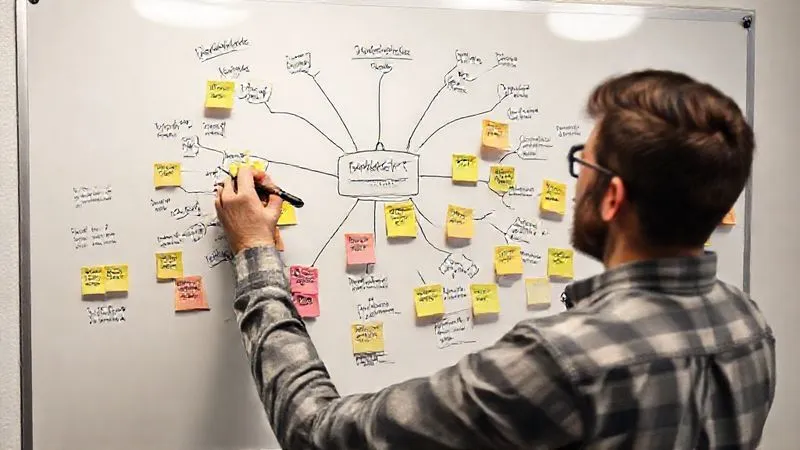 A photorealistic image of a freelancer sketching out a mind map of their digital product ideas and target audience on a whiteboard, surrounded by sticky notes with market research data. Professional lighting, 8K, sharp focus.