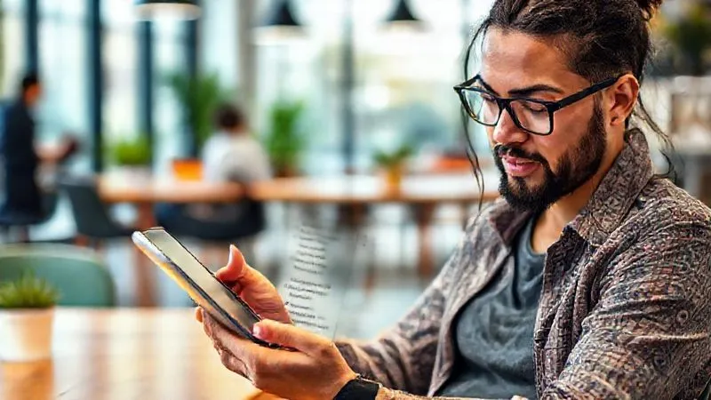 A photorealistic image of a freelancer making a pros and cons list on a digital tablet, comparing features and costs of different platforms. The background is a blurred, vibrant coworking space. Professional photography, 8K, sharp focus.