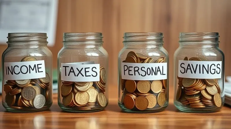 A photorealistic image of four distinct glass jars labeled "Income", "Taxes", "Personal", and "Savings", each with different amounts of money or coins, arranged neatly on a wooden desk. professional photography, 8K, cinematic lighting, sharp focus, depth of field, shot on a high-end DSLR.