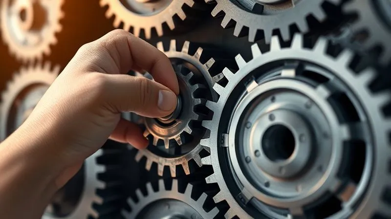 A photorealistic image of a series of interlocking gears, representing financial automation, with a hand gently turning a small gear, setting off a chain reaction. The gears are clean and well-oiled, implying efficiency. professional photography, 8K, cinematic lighting, sharp focus, depth of field, shot on a high-end DSLR.
