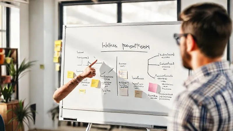 Photorealistic image of a freelancer pointing to a whiteboard filled with a clear, concise unique value proposition diagram, surrounded by sticky notes representing client pains and solutions, in a modern, sunlit office. Professional photography, 8K, cinematic lighting, sharp focus, depth of field, shot on a high-end DSLR.