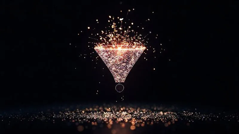Photorealistic, professional photography, 8K, cinematic lighting, sharp focus, depth of field, shot on a high-end DSLR. A visually appealing, clean and modern sales funnel diagram made of light particles flowing into a single point, set against a dark, tech-inspired background. The funnel should have clear stages labeled: "Awareness," "Consideration," "Decision," symbolizing a structured client acquisition process.