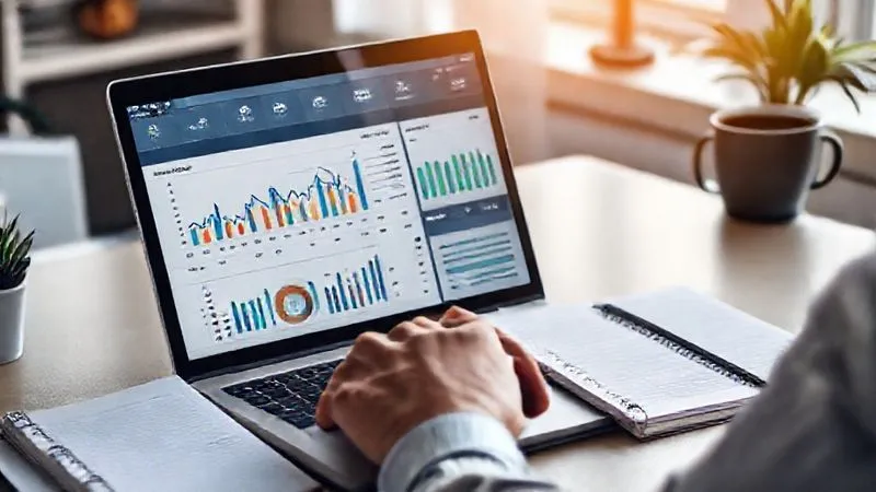 Photorealistic image of a freelancer analyzing a detailed financial dashboard on a laptop, with charts showing income, expenses, and savings. A physical planner and a coffee cup are on the desk, symbolizing meticulous planning. Professional photography, 8K, cinematic lighting, sharp focus, depth of field, shot on a high-end DSLR.