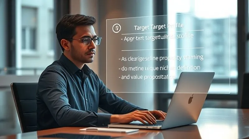 Photorealistic, professional photography, 8K, cinematic lighting, sharp focus, depth of field, shot on a high-end DSLR, a focused professional sitting at a modern desk, with a holographic projection above their laptop showing a clear target audience profile and a unique selling proposition statement, symbolizing strategic niche definition and value proposition. Soft, warm lighting from a window. No text or logos.