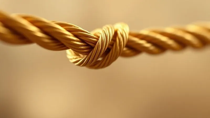 Photorealistic, professional photography, 8K, cinematic lighting, sharp focus, depth of field, shot on a high-end DSLR, multiple intertwined golden threads forming a strong, stable rope, symbolizing diversified revenue streams and financial stability for a freelancer. The background is softly blurred, suggesting growth and abundance. No text or logos.
