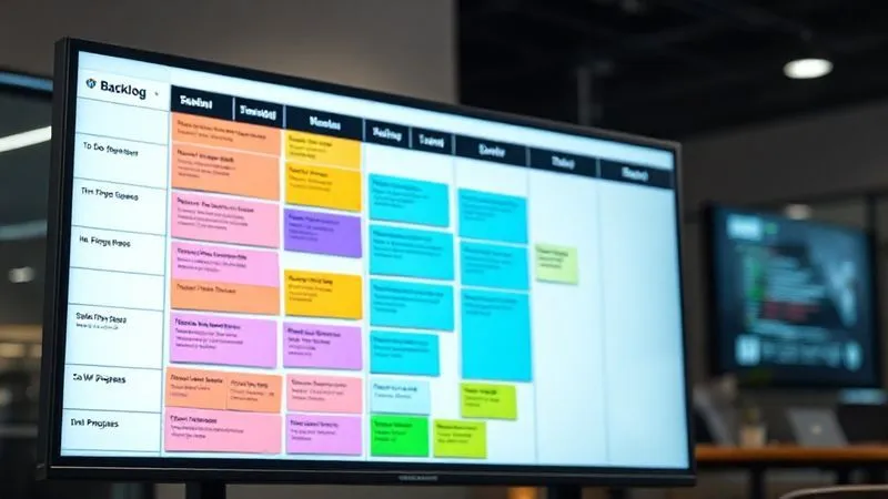 A photorealistic, professional photography shot of a digital Kanban board on a large monitor, displaying columns like 'Backlog', 'To Do', 'In Progress', 'Waiting for Review', and 'Done'. Colorful cards with task titles are distributed across the columns. The 'In Progress' column clearly shows a limited number of cards. Cinematic lighting, sharp focus on the board, depth of field blurring the background, 8K, shot on a high-end DSLR.