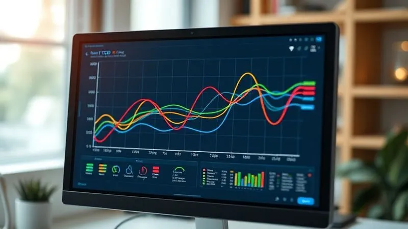 A photorealistic image of a Cumulative Flow Diagram (CFD) on a computer screen, showing multiple colored bands representing different stages of work (e.g., To Do, In Progress, Done) over time. The bands are flowing smoothly, indicating a healthy workflow. Cinematic lighting, sharp focus on the graph, depth of field blurring the background, 8K, shot on a high-end DSLR.